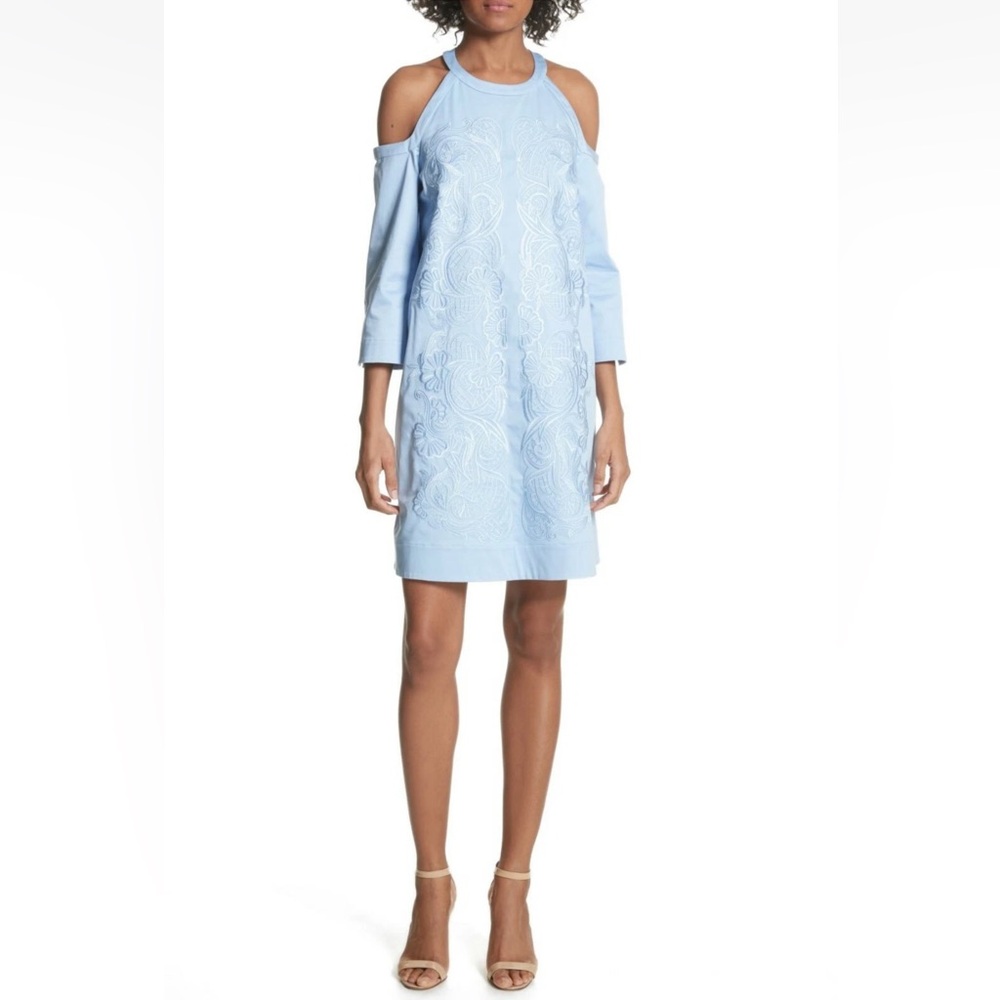 TED BAKER Baby Blue Jettas Cold Shoulder Embroidered Poplin Shift Dress Size 6
